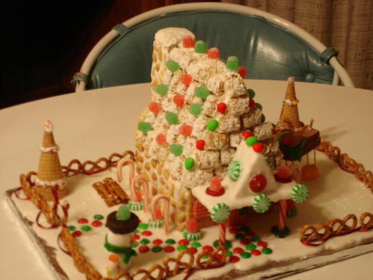 How to make a gingerbread house directions pictures snowman reindeer candy gumdrops ice cream cone christmas trees with icing frosting candy canes peppermints pretzels peanuts shredded wheat cereal chimney walkway made with m&m's